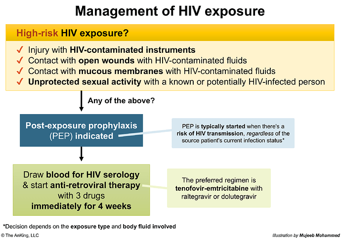 The image outlines the management of high-risk HIV exposure, recommending post-exposure prophylaxis and specific antiretroviral therapy when certain risky contacts occur. (Captioned by AI)