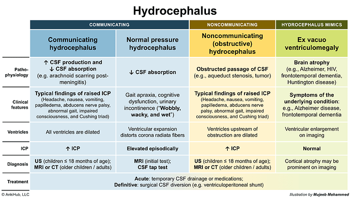 The image is a comparison table detailing the types and characteristics of hydrocephalus, including communicating and noncommunicating forms, normal pressure hydrocephalus, and hydrocephalus mimics, with information on pathophysiology, clinical features, ventricles, ICP, diagnosis, and treatment. (Captioned by AI)
